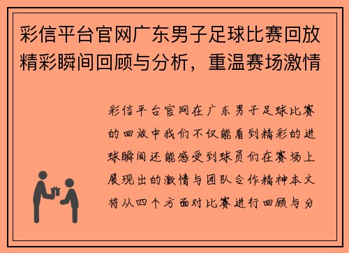 彩信平台官网广东男子足球比赛回放精彩瞬间回顾与分析，重温赛场激情与团队合作精神