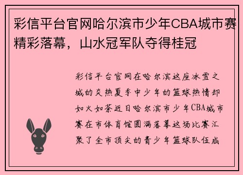 彩信平台官网哈尔滨市少年CBA城市赛精彩落幕，山水冠军队夺得桂冠